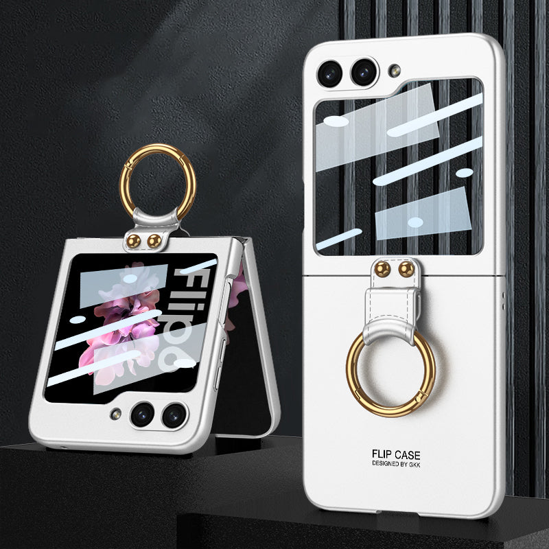 GKK For Samsung Galaxy Z Flip6 5G Case PC Phone Cover with Ring Holder+Tempered Glass Back Screen Film - Silver