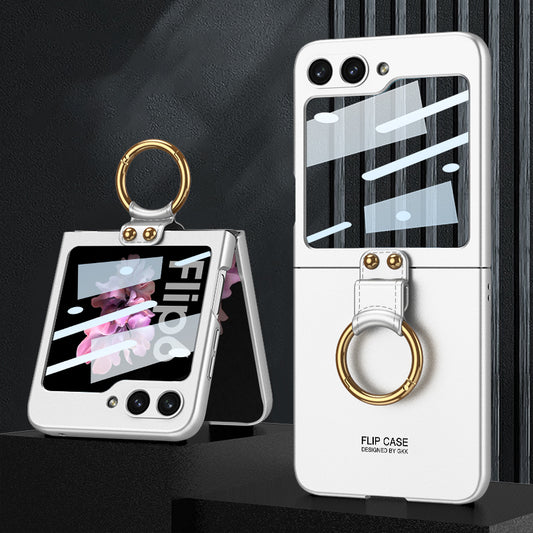 GKK For Samsung Galaxy Z Flip6 5G Case PC Phone Cover with Ring Holder+Tempered Glass Back Screen Film - Silver
