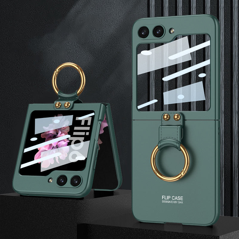 GKK For Samsung Galaxy Z Flip6 5G Case PC Phone Cover with Ring Holder+Tempered Glass Back Screen Film - Green