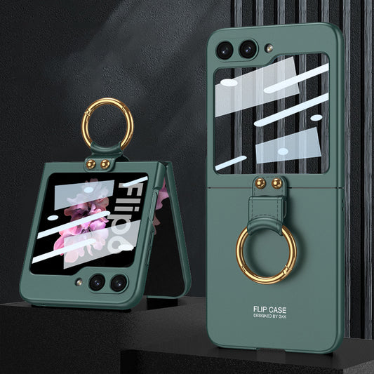 GKK For Samsung Galaxy Z Flip6 5G Case PC Phone Cover with Ring Holder+Tempered Glass Back Screen Film - Green
