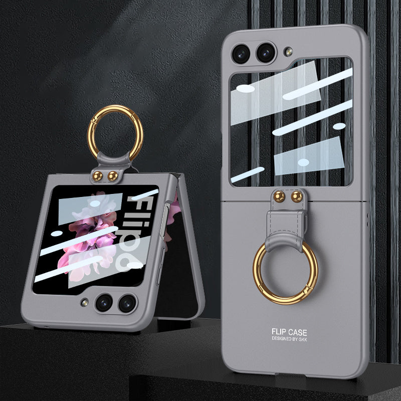GKK For Samsung Galaxy Z Flip6 5G Case PC Phone Cover with Ring Holder+Tempered Glass Back Screen Film - Grey