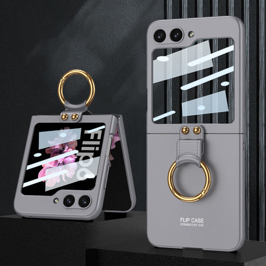 GKK For Samsung Galaxy Z Flip6 5G Case PC Phone Cover with Ring Holder+Tempered Glass Back Screen Film - Grey
