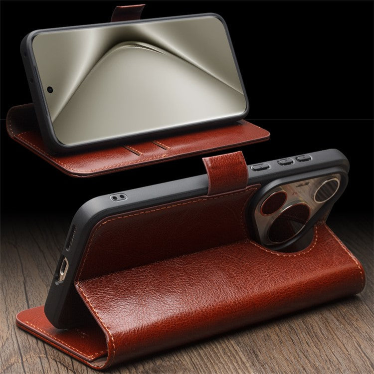 QIALINO For Huawei Pura 70 Ultra Wallet Case Genuine Cow Leather Flip Phone Cover - Dark Brown