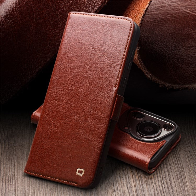 QIALINO For Huawei Pura 70 Ultra Wallet Case Genuine Cow Leather Flip Phone Cover - Dark Brown