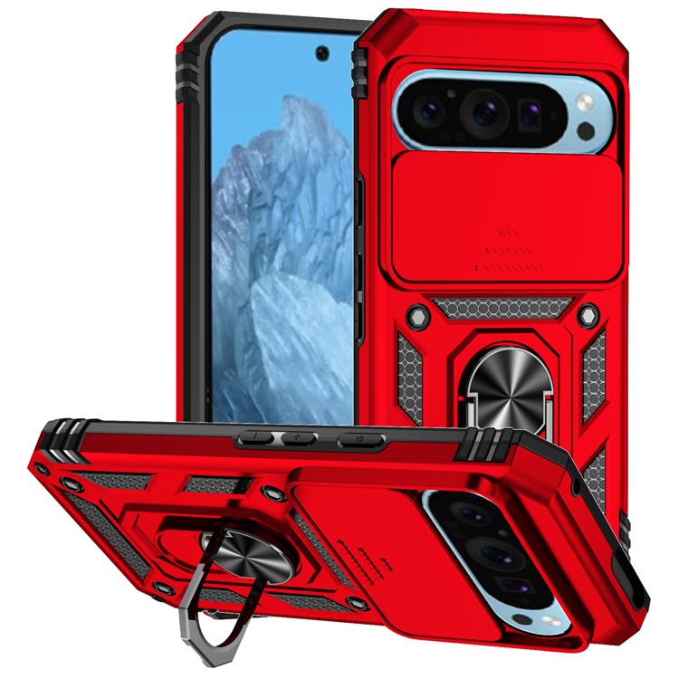 For Google Pixel 9 / 9 Pro Case Camera Protection PC+TPU Phone Cover with Kickstand - Red