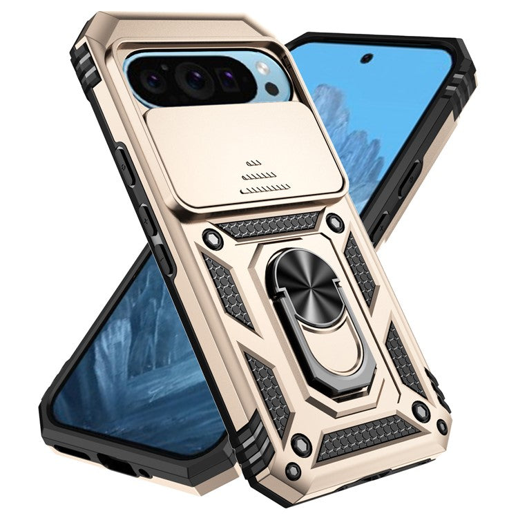 For Google Pixel 9 / 9 Pro Case Camera Protection PC+TPU Phone Cover with Kickstand - Gold