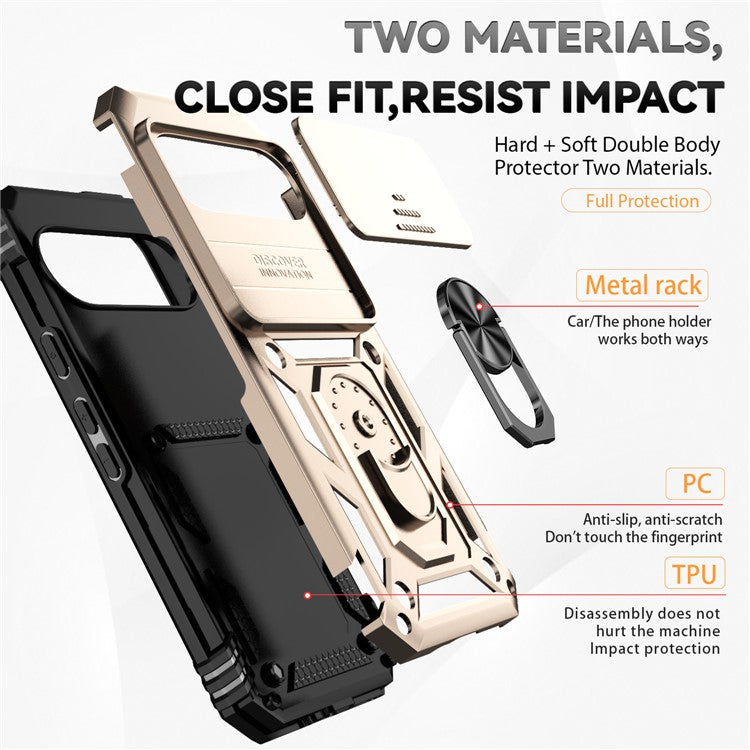 For Google Pixel 9 / 9 Pro Case Camera Protection PC+TPU Phone Cover with Kickstand - Gold