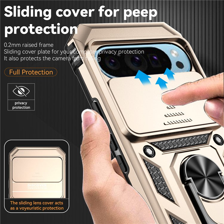 For Google Pixel 9 / 9 Pro Case Camera Protection PC+TPU Phone Cover with Kickstand - Gold