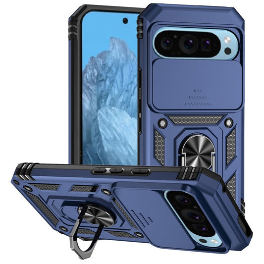 For Google Pixel 9 / 9 Pro Case Camera Protection PC+TPU Phone Cover with Kickstand - Blue