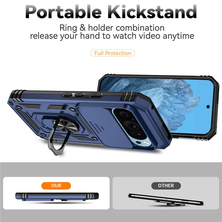 For Google Pixel 9 / 9 Pro Case Camera Protection PC+TPU Phone Cover with Kickstand - Blue