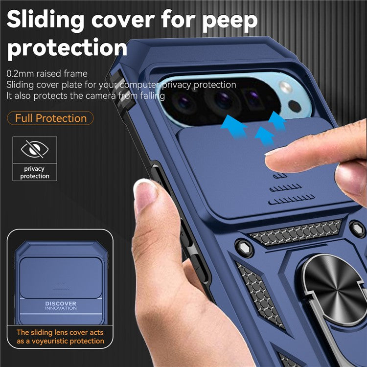 For Google Pixel 9 / 9 Pro Case Camera Protection PC+TPU Phone Cover with Kickstand - Blue