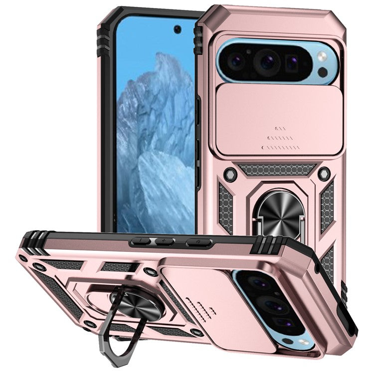 For Google Pixel 9 / 9 Pro Case Camera Protection PC+TPU Phone Cover with Kickstand - Rose Gold