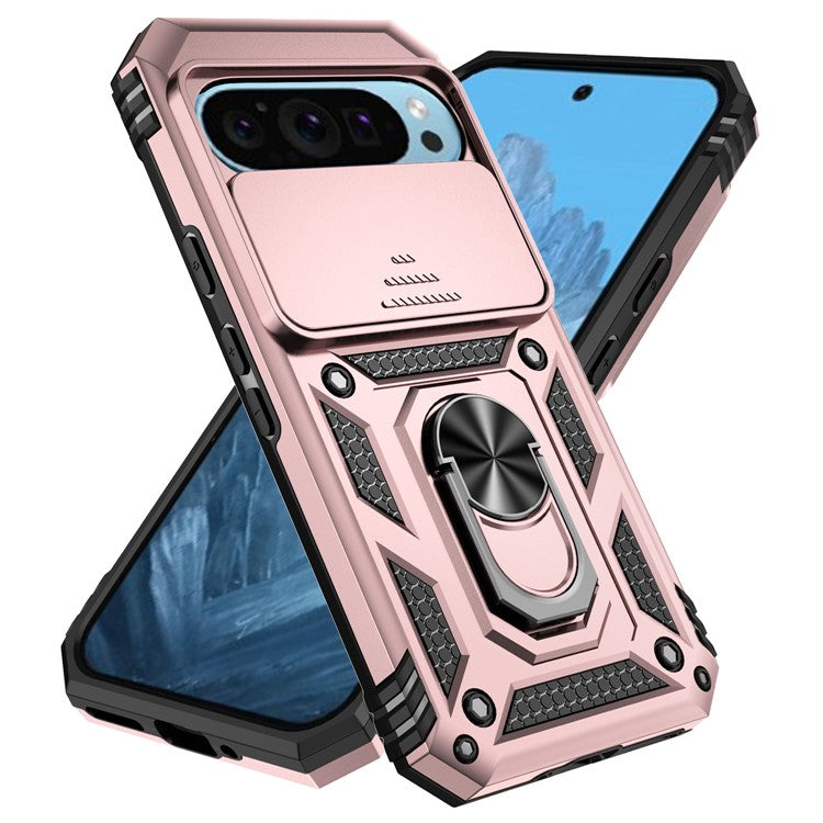 For Google Pixel 9 / 9 Pro Case Camera Protection PC+TPU Phone Cover with Kickstand - Rose Gold