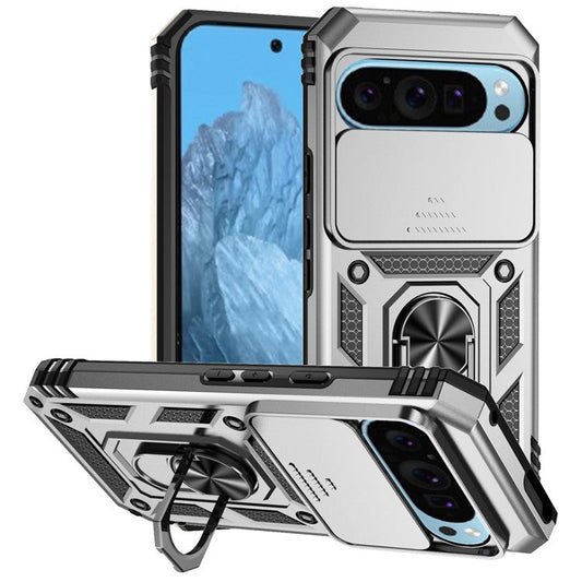 For Google Pixel 9 / 9 Pro Case Camera Protection PC+TPU Phone Cover with Kickstand - Silver