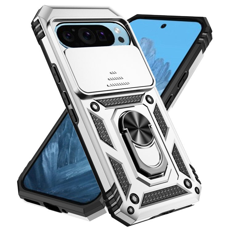 For Google Pixel 9 / 9 Pro Case Camera Protection PC+TPU Phone Cover with Kickstand - Silver
