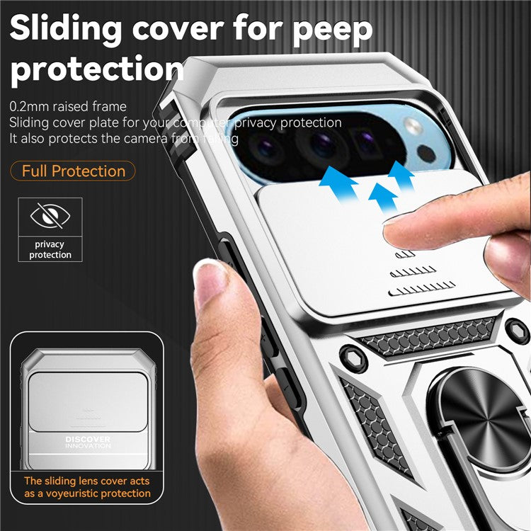 For Google Pixel 9 / 9 Pro Case Camera Protection PC+TPU Phone Cover with Kickstand - Silver