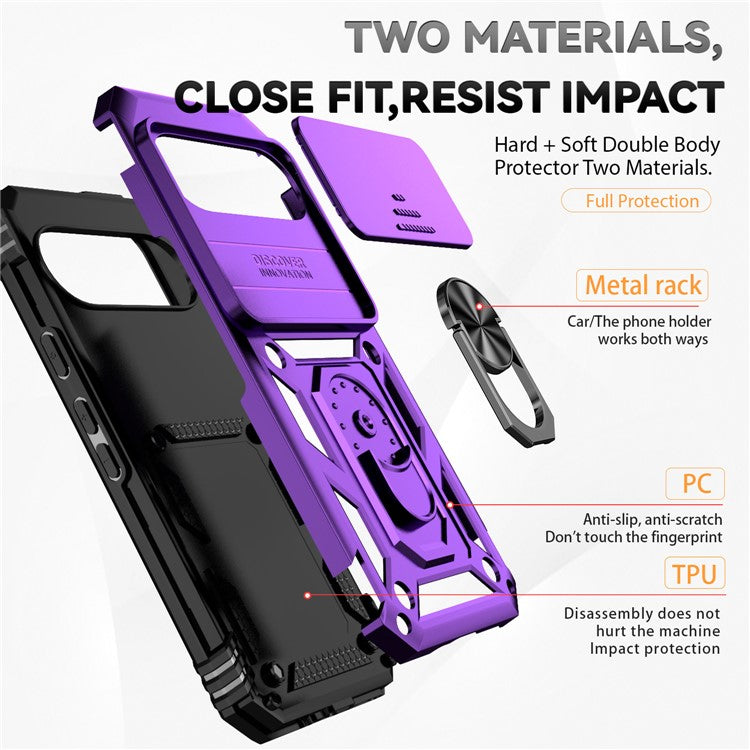 For Google Pixel 9 / 9 Pro Case Camera Protection PC+TPU Phone Cover with Kickstand - Purple