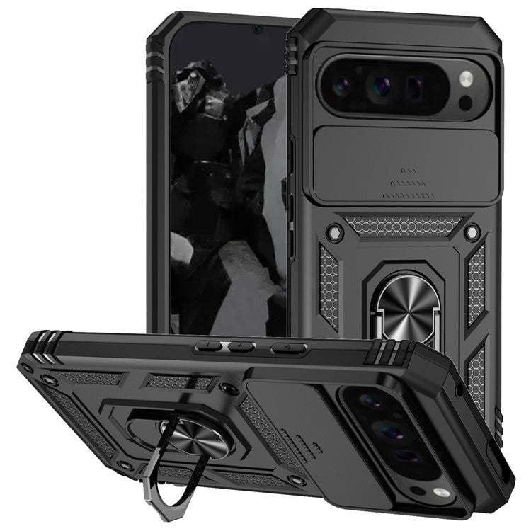For Google Pixel 9 Pro XL Case Rugged PC+TPU Phone Protector with Slide Camera Cover / Kickstand - Black