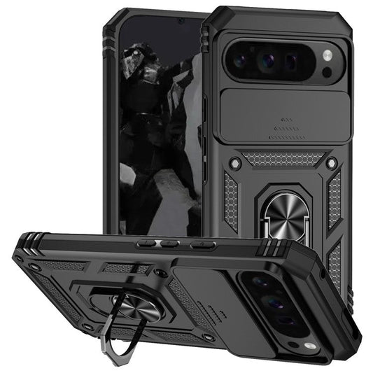 For Google Pixel 9 Pro XL Case Rugged PC+TPU Phone Protector with Slide Camera Cover / Kickstand - Black