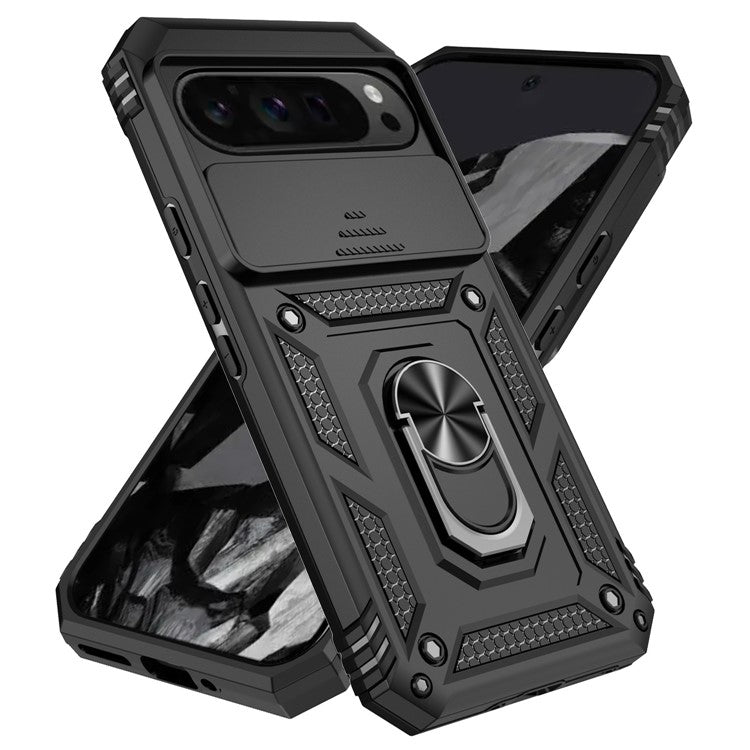 For Google Pixel 9 Pro XL Case Rugged PC+TPU Phone Protector with Slide Camera Cover / Kickstand - Black
