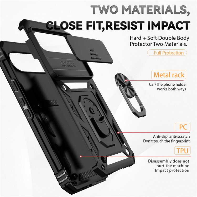 For Google Pixel 9 Pro XL Case Rugged PC+TPU Phone Protector with Slide Camera Cover / Kickstand - Black