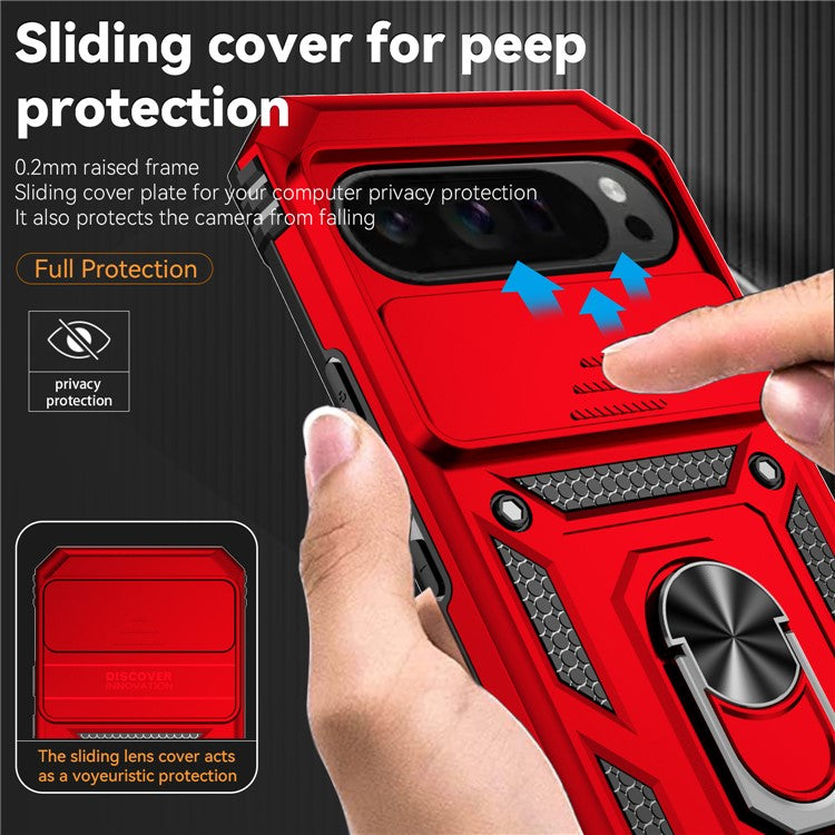 For Google Pixel 9 Pro XL Case Rugged PC+TPU Phone Protector with Slide Camera Cover / Kickstand - Red