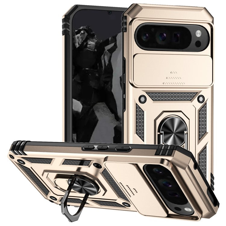 For Google Pixel 9 Pro XL Case Rugged PC+TPU Phone Protector with Slide Camera Cover / Kickstand - Gold