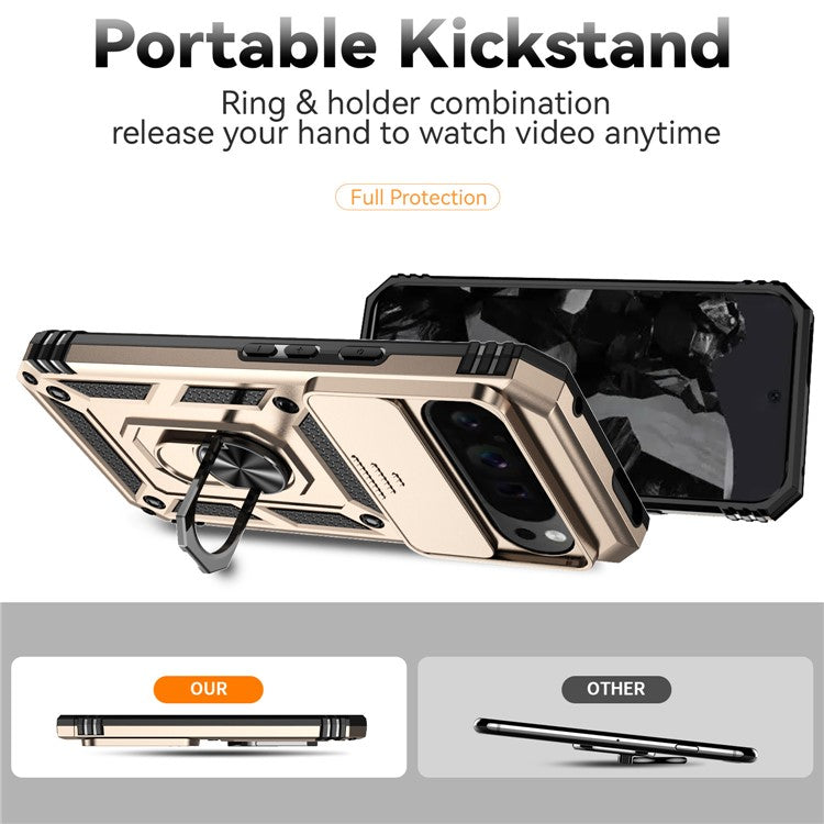 For Google Pixel 9 Pro XL Case Rugged PC+TPU Phone Protector with Slide Camera Cover / Kickstand - Gold