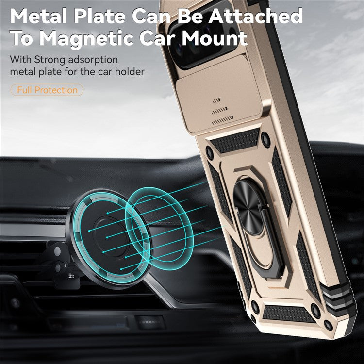 For Google Pixel 9 Pro XL Case Rugged PC+TPU Phone Protector with Slide Camera Cover / Kickstand - Gold