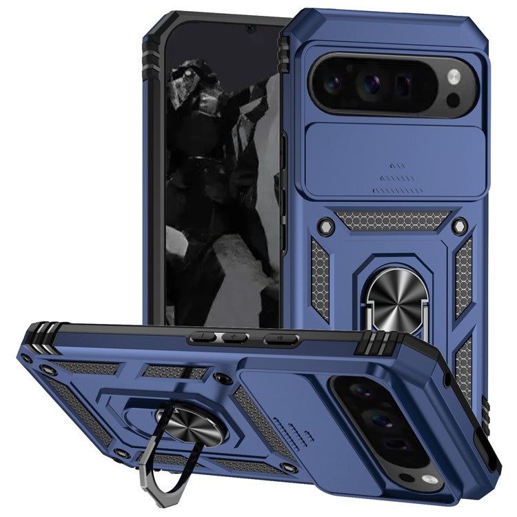 For Google Pixel 9 Pro XL Case Rugged PC+TPU Phone Protector with Slide Camera Cover / Kickstand - Blue