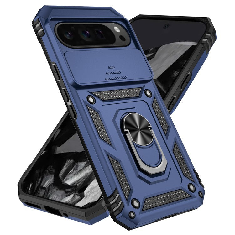 For Google Pixel 9 Pro XL Case Rugged PC+TPU Phone Protector with Slide Camera Cover / Kickstand - Blue