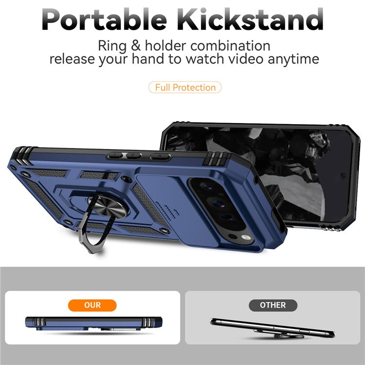For Google Pixel 9 Pro XL Case Rugged PC+TPU Phone Protector with Slide Camera Cover / Kickstand - Blue
