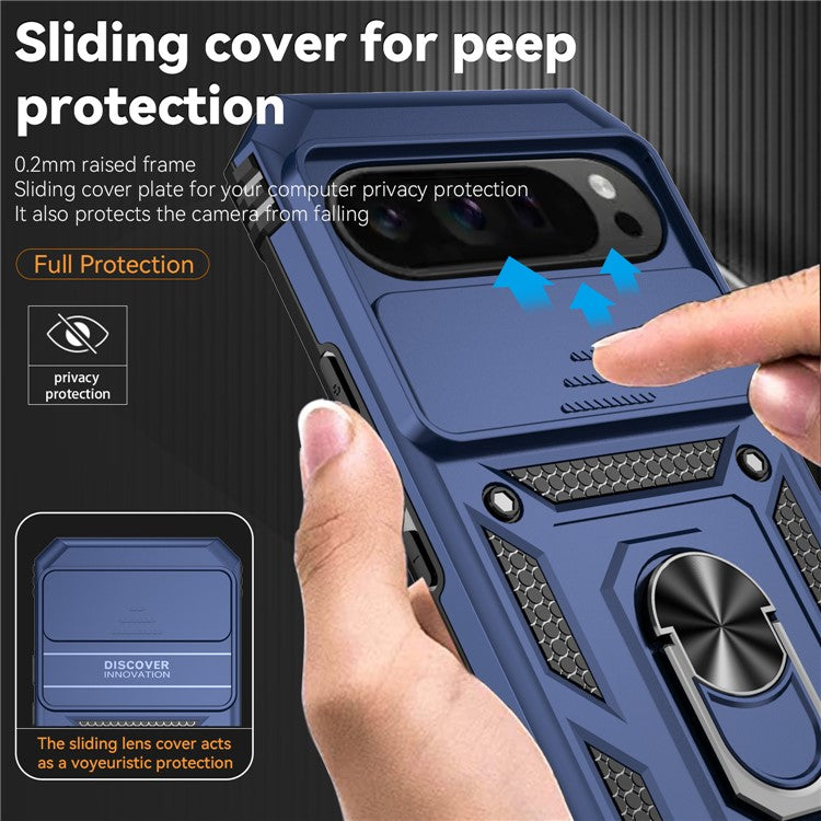 For Google Pixel 9 Pro XL Case Rugged PC+TPU Phone Protector with Slide Camera Cover / Kickstand - Blue