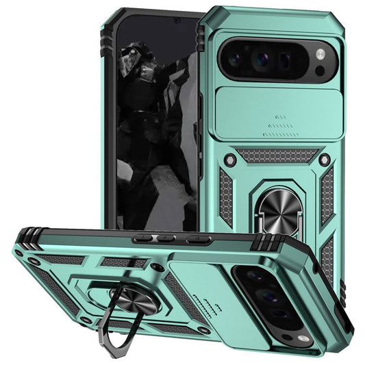 For Google Pixel 9 Pro XL Case Rugged PC+TPU Phone Protector with Slide Camera Cover / Kickstand - Blackish Green