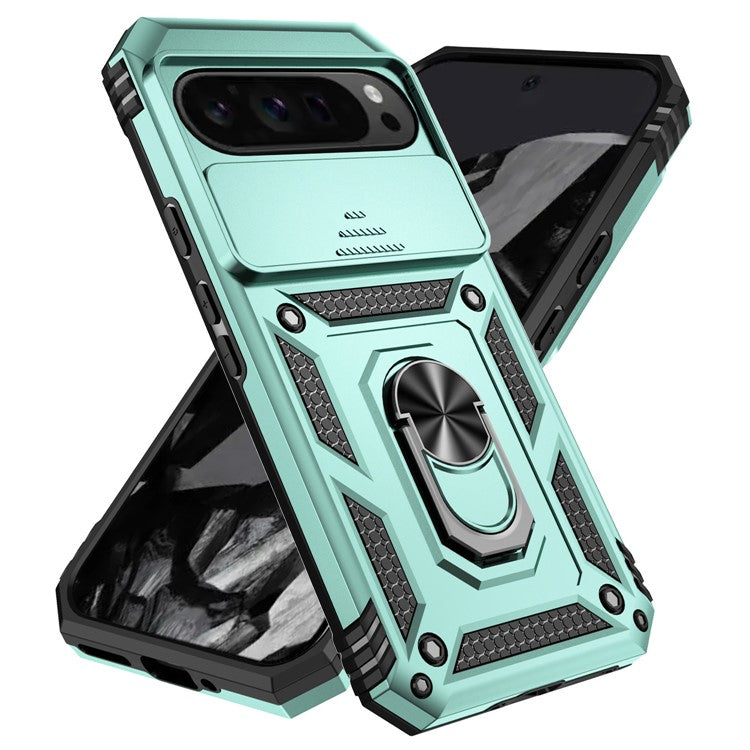 For Google Pixel 9 Pro XL Case Rugged PC+TPU Phone Protector with Slide Camera Cover / Kickstand - Blackish Green