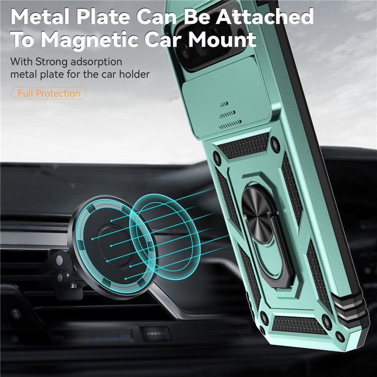 For Google Pixel 9 Pro XL Case Rugged PC+TPU Phone Protector with Slide Camera Cover / Kickstand - Blackish Green