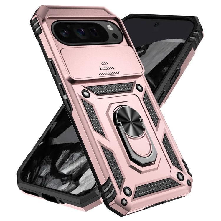 For Google Pixel 9 Pro XL Case Rugged PC+TPU Phone Protector with Slide Camera Cover / Kickstand - Rose Gold
