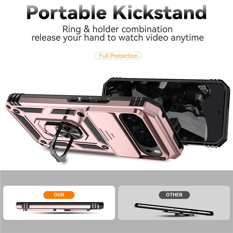 For Google Pixel 9 Pro XL Case Rugged PC+TPU Phone Protector with Slide Camera Cover / Kickstand - Rose Gold