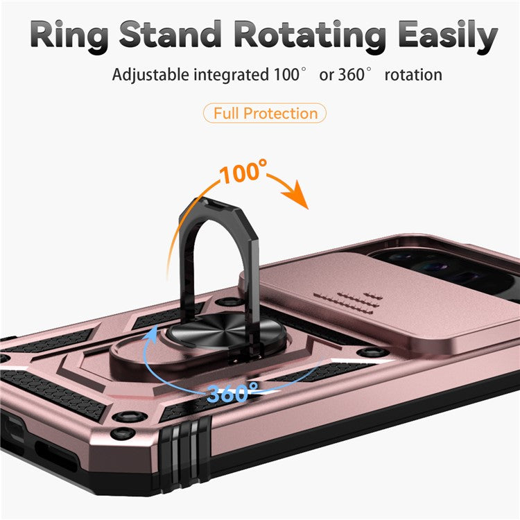 For Google Pixel 9 Pro XL Case Rugged PC+TPU Phone Protector with Slide Camera Cover / Kickstand - Rose Gold