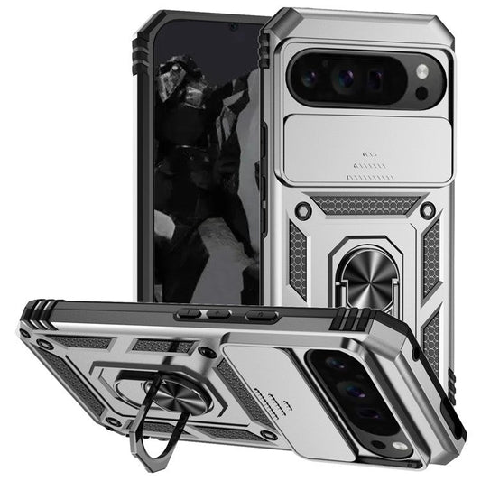 For Google Pixel 9 Pro XL Case Rugged PC+TPU Phone Protector with Slide Camera Cover / Kickstand - Silver
