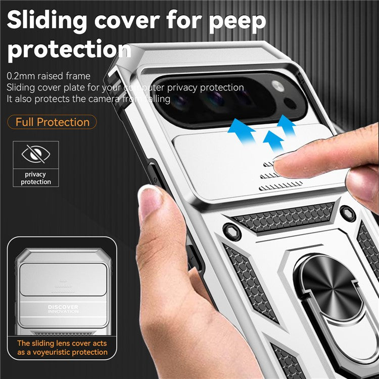 For Google Pixel 9 Pro XL Case Rugged PC+TPU Phone Protector with Slide Camera Cover / Kickstand - Silver