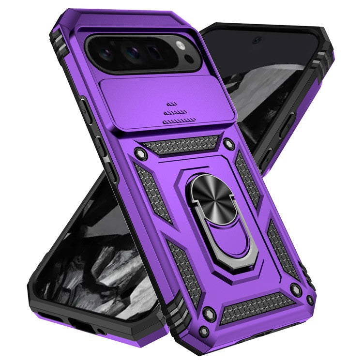 For Google Pixel 9 Pro XL Case Rugged PC+TPU Phone Protector with Slide Camera Cover / Kickstand - Purple