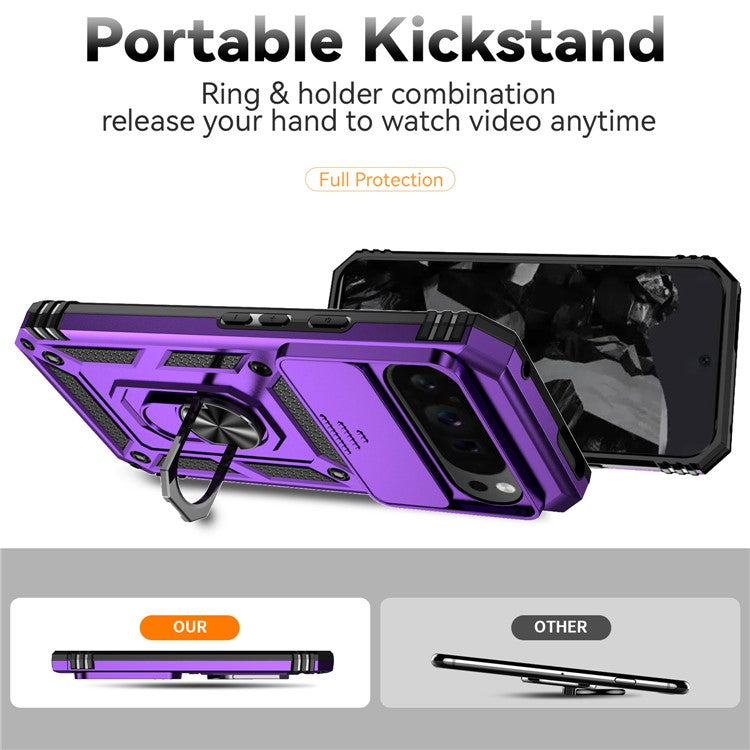 For Google Pixel 9 Pro XL Case Rugged PC+TPU Phone Protector with Slide Camera Cover / Kickstand - Purple