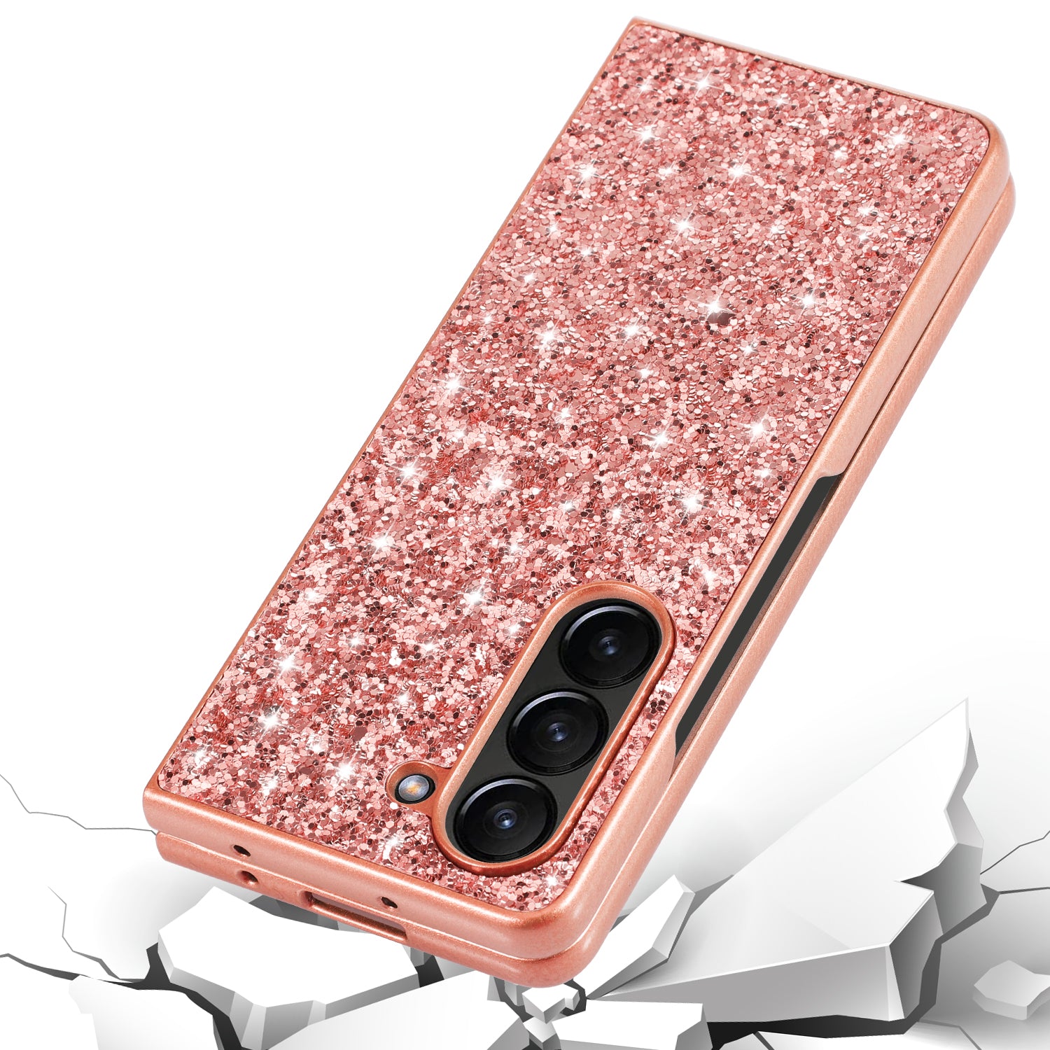 For Samsung Galaxy Z Fold6 5G Phone Case Glitter Electroplated TPU Frame PC Back Cover - Rose Gold
