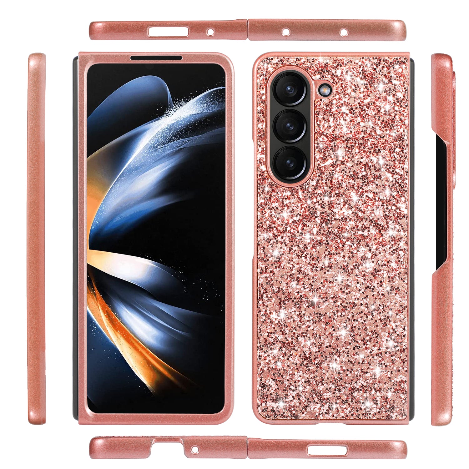 For Samsung Galaxy Z Fold6 5G Phone Case Glitter Electroplated TPU Frame PC Back Cover - Rose Gold