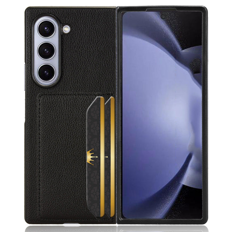 For Samsung Galaxy Z Fold6 5G Case Card Holder Litchi Texture Leather+PC Folding Phone Cover - Black