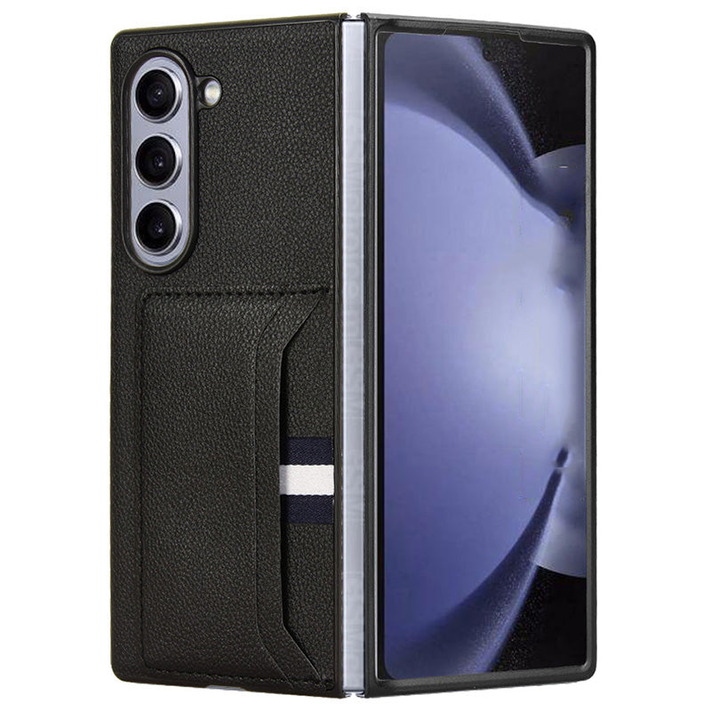 For Samsung Galaxy Z Fold6 5G Case Card Holder Litchi Texture Leather+PC Folding Phone Cover - Black