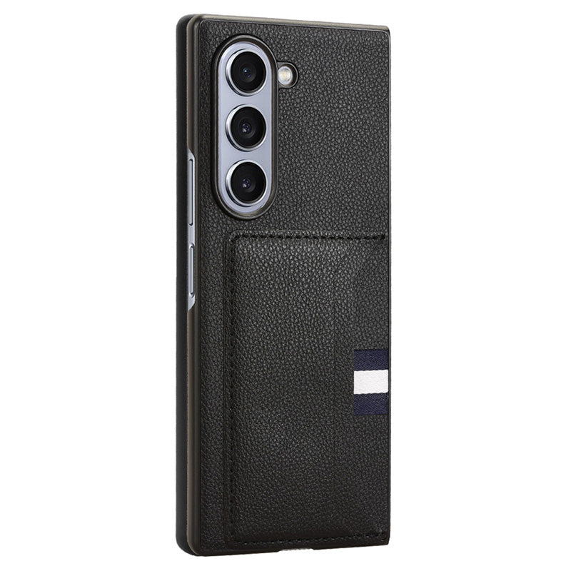 For Samsung Galaxy Z Fold6 5G Case Card Holder Litchi Texture Leather+PC Folding Phone Cover - Black