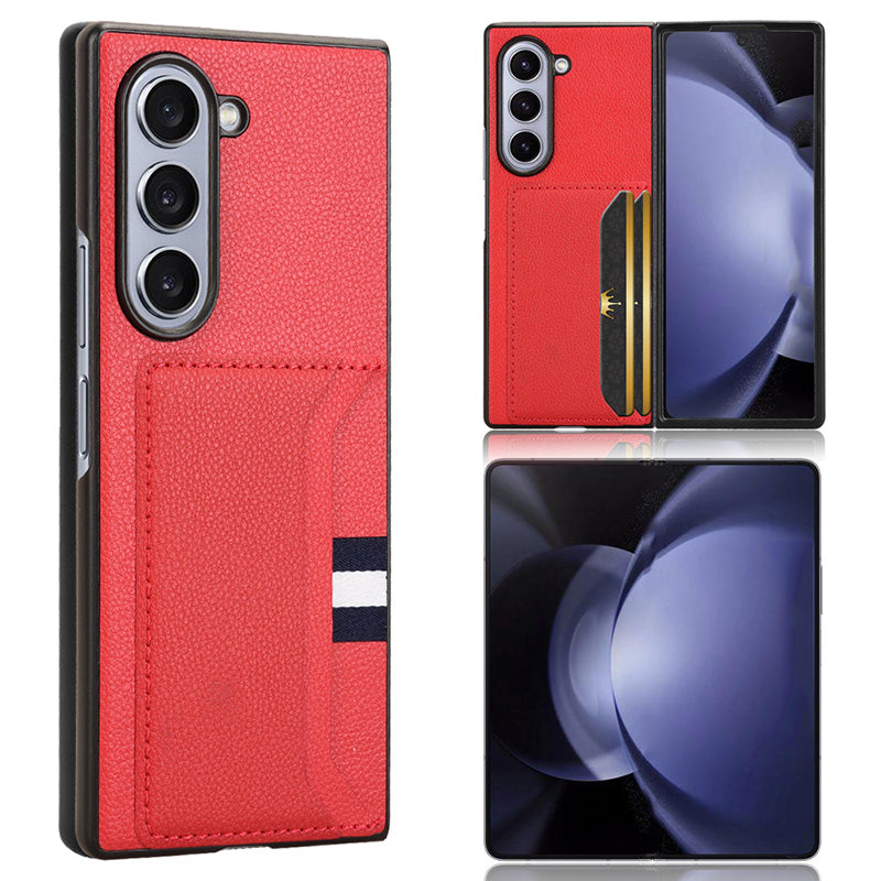 For Samsung Galaxy Z Fold6 5G Case Card Holder Litchi Texture Leather+PC Folding Phone Cover - Red