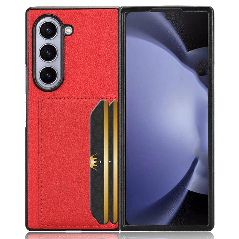 For Samsung Galaxy Z Fold6 5G Case Card Holder Litchi Texture Leather+PC Folding Phone Cover - Red